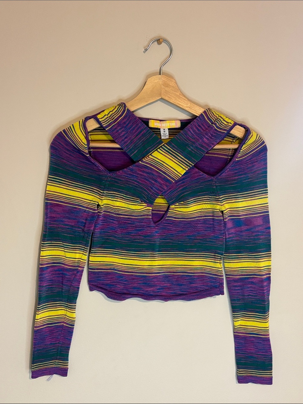 ✨Urban Outfitters Purple & Yellow Striped Cutout Long-Sleeve Crop Top Size M